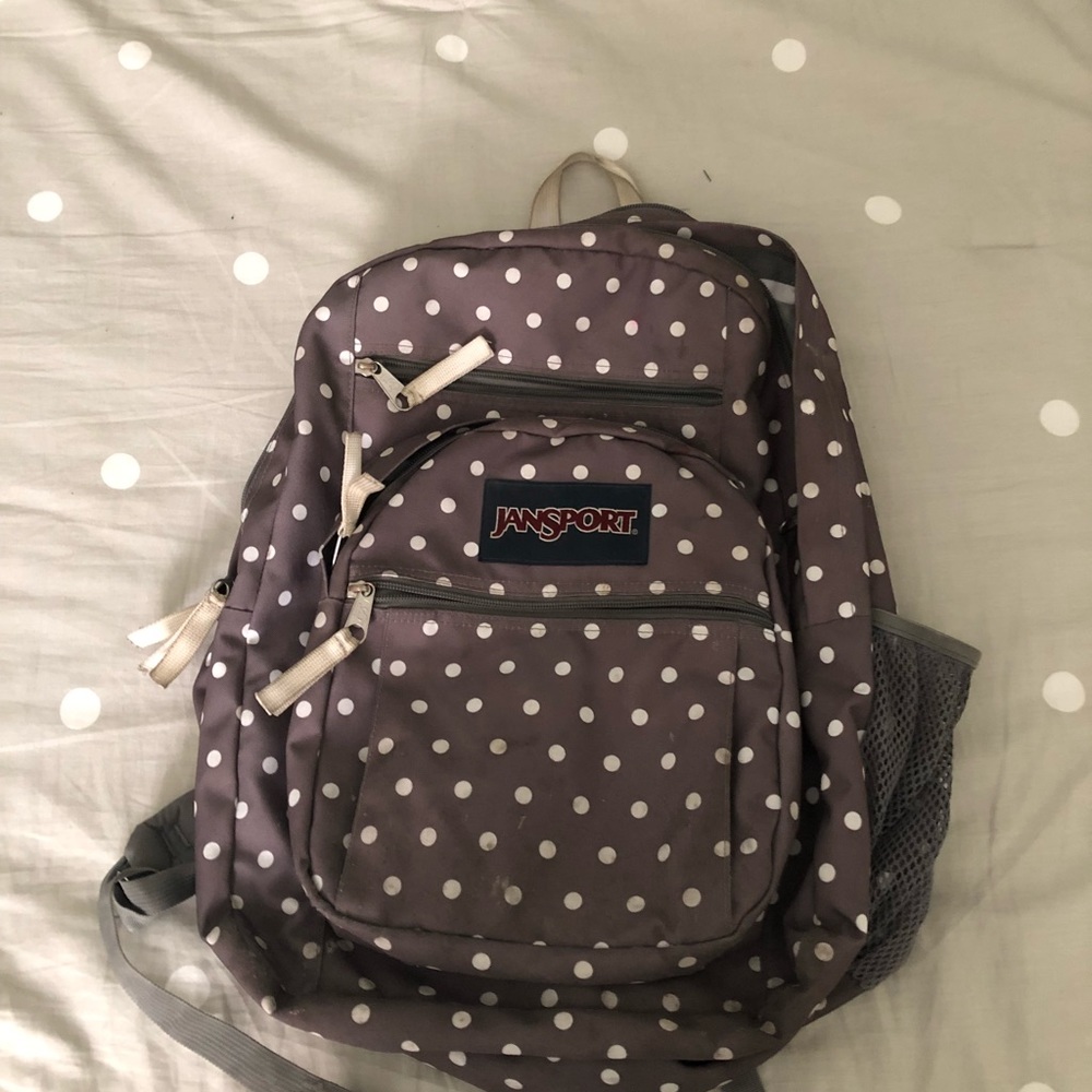 Grey and white polka dot jansport backpack